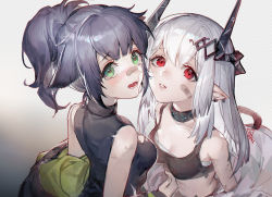 Rule 34 | 2girls, arknights, bandaid, bandaid on cheek, bandaid on face, bandaid on nose, bare shoulders, black choker, black shirt, blouse, blush, breasts, choker, commentary request, green eyes, grey background, highres, horns, infection monitor (arknights), jessica (arknights), long hair, looking at viewer, material growth, medium breasts, midriff, mudrock (arknights), multiple girls, open mouth, oripathy lesion (arknights), parted lips, ponytail, purple hair, red eyes, sarashi, shirt, short hair, short ponytail, silver hair, sleeveless, sleeveless shirt, spade-m, sports bra, upper body, yuri
