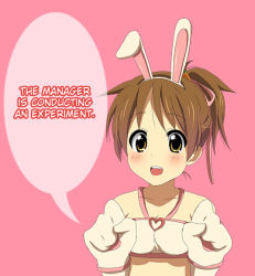 Rule 34 | 1girl, animal ears, blush, breasts, brown eyes, brown hair, carrot, cosplay, female focus, gloves, hard-translated, heart, hirano yui, hirasawa ui, k-on!, open mouth, pangya, pipin, pipin (cosplay), rabbit ears, simple background, solo, third-party edit, translated, upper body, white gloves