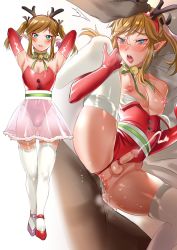 Rule 34 | 2boys, alternate costume, anal, antler hairband, blonde hair, blue eyes, blush, crossdressing, cum, cum in ass, ejaculating while penetrated, ejaculation, elbow gloves, elf, gloves, highres, link, male penetrated, multiple boys, nintendo, penis, pointy ears, red footwear, sex, skirt, tagme, tamatamako01, the legend of zelda, thighhighs, trap, twintails, white legwear, yaoi