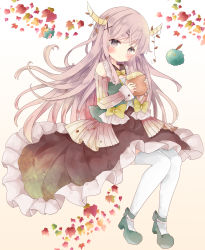Rule 34 | 1girl, :t, absurdres, autumn leaves, bad id, bad pixiv id, bare shoulders, blush, bow, bread, brown background, brown skirt, brown sleeves, closed mouth, commentary request, detached sleeves, eating, food, frilled skirt, frills, full body, gradient background, green footwear, grey eyes, grey hair, hair ornament, hairclip, high heels, highres, holding, holding food, horns, long hair, long sleeves, looking at viewer, melon bread, original, pout, ribbed sleeves, shoes, short eyebrows, skirt, sleeves past wrists, solo, thick eyebrows, thighhighs, tsukiyo (skymint), very long hair, white background, white thighhighs, x hair ornament, yellow bow
