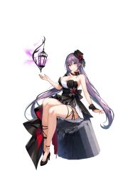 Rule 34 | 1girl, aeri (closers), aqua eyes, arm garter, bare arms, bare legs, bare shoulders, black choker, black dress, black footwear, black hat, breasts, choker, cleavage, closed mouth, closers, dress, hand up, hat, high heels, highres, lantern, large breasts, long hair, looking at viewer, mini hat, mole, mole under mouth, nail polish, non-web source, official art, pleated dress, purple hair, red nails, short dress, simple background, sitting, smile, solo, strapless, strapless dress, thigh strap, thighs, two-tone dress, very long hair, white background, white dress