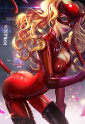 Rule 34 | 10s, 1girl, ass, blonde hair, blue eyes, bodysuit, boots, breasts, catsuit, cleavage, cleavage cutout, clothing cutout, domino mask, earrings, eyelashes, fan yang (jiuge), highres, jewelry, large breasts, latex, latex suit, lips, lipstick, long hair, makeup, mask, persona, persona 5, shiny clothes, skin tight, solo, stud earrings, takamaki anne, thigh boots, thighhighs, twintails, whip, zipper
