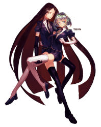 Rule 34 | 2others, absurdres, androgynous, arm around back, black eyes, black footwear, black gloves, black hair, black neckwear, black shorts, black thighhighs, blue eyes, bort, carrying, chinese commentary, clenched hand, collared shirt, commentary, diamond (houseki no kuni), elbow gloves, gem uniform (houseki no kuni), gloves, green hair, hand on another&#039;s leg, hand on another&#039;s thigh, highres, hong da, houseki no kuni, loafers, long hair, long legs, looking at viewer, multicolored hair, multiple others, necktie, puffy sleeves, shirt, shoes, short hair, short shorts, short sleeves, shorts, silver hair, smile, thighhighs, very long hair, white gloves, white thighhighs, zettai ryouiki