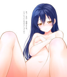 Rule 34 | 10s, 1girl, 3:, blue hair, breasts, brown eyes, completely nude, covering privates, covering breasts, embarrassed, kisaragi mizu, long hair, love live!, love live! school idol project, navel, nipples, nude, out-of-frame censoring, small breasts, solo, sonoda umi, spread legs, tearing up, translated