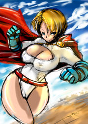 Rule 34 | 1girl, belt, blonde hair, blue eyes, breasts, cape, cleavage, cleavage cutout, clothing cutout, dc comics, female focus, flying, gloves, kryptonian, leotard, marimo (ankokumarimo), power girl, red cape, short hair, sky, solo