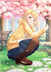 Rule 34 | 1girl, absurdres, bench, blonde hair, blue eyes, blue skirt, blurry, blurry background, blush, cherry blossoms, depth of field, eyes visible through hair, flower, grass, hair flower, hair ornament, hairband, hairclip, hanami, highres, holding, holding flower, kagamine rin, light rays, looking at viewer, looking to the side, outdoors, pantyhose, petals, picking up, pleated skirt, rufe 0v0, school uniform, short hair, skirt, smile, solo, sparkling eyes, squatting, sweater, tree, vocaloid, yellow sweater