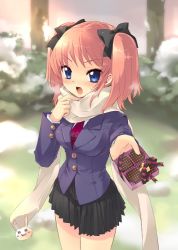 Rule 34 | 1girl, blue eyes, blush, rabbit, chocolate, gift, holding, holding gift, incoming gift, ito noizi, necktie, open mouth, orange hair, outdoors, pink hair, ribbon, scarf, school uniform, skirt, solo, sweatdrop, tsundere, twintails, valentine
