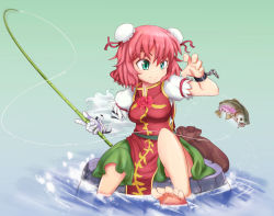 Rule 34 | 1girl, amputee, arms up, bad id, bad pixiv id, bag, bandages, barefoot, boulder, bun cover, chain, cuffs, double bun, dress, feet, female focus, fish, fishing, fishing rod, flower, green dress, green eyes, hair bun, hat, holding, holding fishing rod, ibaraki kasen, kokoperiiche, multicolored clothes, multicolored dress, nukoimo, pink hair, red eyes, rock, shackles, short hair, sitting, sitting on rock, skirt, smile, soaking feet, solo, tabard, touhou, water, white dress