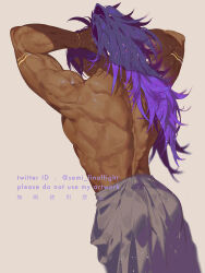 Rule 34 | 1boy, alternate hairstyle, ass, back, back focus, baggy clothes, bara, bhima (fate), dark-skinned male, dark skin, facing away, fate/grand order, fate (series), feet out of frame, from behind, from below, gold, highres, large pectorals, long hair, male focus, muscular, muscular male, pectorals, ponytail, purple hair, semi (p-poco), solo, standing, topless male, tying hair
