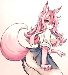 Rule 34 | 1girl, absurdres, animal ear fluff, animal ears, ass, blue skirt, brand new animal, breasts, clothes lift, flying sweatdrops, fox ears, fox girl, fox tail, from side, furry, furry female, highres, hiwatashi nazuna, lifted by self, lifted by tail, long hair, looking back, no panties, pink eyes, pink hair, school uniform, shirt, short sleeves, sideboob, simple background, skirt, skirt lift, skirt tug, solo, tail, thighs, white background, white shirt, yazuishou ray