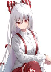 Rule 34 | 1girl, absurdres, bow, fujiwara no mokou, hair between eyes, hair bow, harumomiji, highres, light smile, long hair, long sleeves, looking at viewer, ofuda, pants, red eyes, red pants, resolution mismatch, shirt, simple background, solo, source smaller, suspenders, touhou, very long hair, white background, white bow, white shirt
