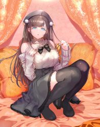Rule 34 | 1girl, bed, bed sheet, black thighhighs, bow, brown hair, curtains, detached sleeves, hair ornament, hand in own hair, hand on own chest, hat, highres, long hair, looking at viewer, meme attire, nail polish, ogamiomi, open mouth, parted lips, pillow, pink nails, rapunzel (sinoalice), reality arc (sinoalice), sinoalice, sitting, solo, thighhighs, twintails, virgin killer outfit, zettai ryouiki