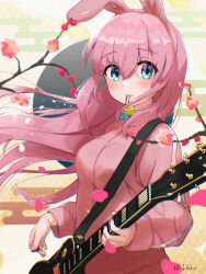 Rule 34 | 1girl, animal ear fluff, animal ears, blue eyes, blush, bocchi the rock!, breasts, cherry blossoms, chinese zodiac, closed mouth, commentary, cube hair ornament, egasumi, expressionless, fake animal ears, falling petals, fingernails, gotoh hitori, guitar, hair between eyes, hair ornament, highres, holding, holding instrument, hylran0427, instrument, jacket, long hair, long sleeves, looking at viewer, medium breasts, music, new year, petals, pink hair, pink jacket, playing instrument, rabbit ears, sidelocks, signature, solo, very long hair, wind, wind lift, year of the rabbit