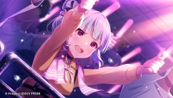 Rule 34 | 1girl, aqua hair, blush, ceiling, choker, concert, crowd, cygames, flying sweatdrops, glowstick, highres, hyodou shizuku, idoly pride, light stick, lights, long sleeves, multiple persona, official art, open mouth, outstretched arms, railing, red eyes, sweat, towel, twintails