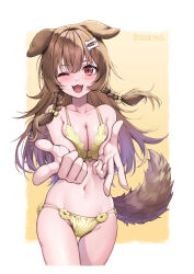 Rule 34 | 1girl, absurdres, animal ears, bikini, blush, bone hair ornament, braid, breasts, brown eyes, brown hair, brown tail, cleavage, curry bowl, dog ears, dog girl, dog tail, fangs, hair between eyes, hair ornament, highres, hololive, inugami korone, long hair, looking at viewer, low twin braids, medium breasts, navel, one eye closed, open mouth, smile, solo, swimsuit, tail, twin braids, virtual youtuber, yellow bikini