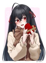 Rule 34 | 1girl, :d, azur lane, black hair, blush, box, brown jacket, casual, gift, hair between eyes, hair ribbon, hands up, heart-shaped box, highres, jacket, long hair, looking at viewer, open mouth, red eyes, red ribbon, ribbon, scarf, smile, solo, taihou (azur lane), teeth, twintails, upper body, upper teeth only, valentine, very long hair, winter clothes, yorugami rei