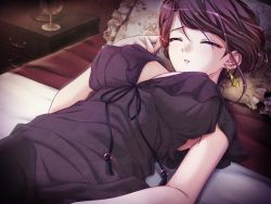 Rule 34 | 1girl, bed, breasts, brown hair, cleavage, earrings, closed eyes, game cg, hell guide, indoors, jewelry, m no violet, mole, open mouth, pillow, see-through, sleeping, solo