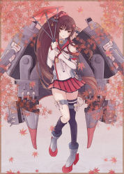 Rule 34 | 10s, 1girl, autumn leaves, breasts, brown eyes, brown hair, cannon, cherry blossoms, detached sleeves, female focus, flower, full body, hair flower, hair ornament, headgear, highres, holding, kantai collection, large breasts, leaf, long hair, looking at viewer, maple leaf, mecha musume, miniskirt, nagidango, oil-paper umbrella, parted lips, pleated skirt, ponytail, single thighhigh, skirt, smile, solo, standing, thighhighs, turret, umbrella, very long hair, yamato (kancolle)