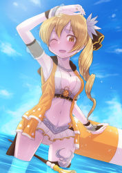 Rule 34 | 1girl, blonde hair, breasts, cleavage, drill hair, floating, floating object, hand on own head, highres, jacket, long hair, magia record: mahou shoujo madoka magica gaiden, mahou shoujo madoka magica, one eye closed, skirt, solo, swimsuit, tomoe mami, tomoe mami (swimsuit ver.), touyu (yuruyuruto), twin drills, wading, water, yellow eyes