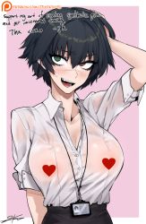 Rule 34 | 1girl, adjusting hair, areola slip, black hair, black skirt, blush, border, breasts, censored, censored nipples, cleavage, collared shirt, commentary, devil may cry, devil may cry (series), devil may cry 3, dress shirt, english commentary, english text, fang, hair between eyes, heart, heart censor, heterochromia, holding, holding paper, id card, j.k., lady (devil may cry), lanyard, large breasts, looking to the side, no bra, office lady, open mouth, paper, partially unbuttoned, pink background, scar, scar on face, scar on nose, see-through, shirt, short hair, skirt, sleeves pushed up, sleeves rolled up, solo, sweatdrop, wet, wet clothes, wet shirt, white border, white shirt