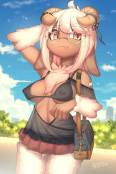 Rule 34 | 1girl, :3, absurdres, ahoge, animal ears, animal nose, arm behind head, arm up, artist name, bad id, bad pixiv id, bag, bandaid, bare shoulders, black-framed eyewear, black bra, black ribbon, black shirt, blue sky, blurry, blurry background, body fur, bra, breastless clothes, breasts, breasts apart, brown horns, bush, closed mouth, cloud, contrail, covered erect nipples, cowboy shot, curled horns, dark-skinned female, dark skin, dated, day, dutch angle, female focus, furry, furry female, glasses, glint, gradient hair, hand up, happy, highres, horn ornament, horn ribbon, horns, long hair, looking at viewer, medium breasts, microskirt, miniskirt, multicolored hair, navel, neck fur, off-shoulder shirt, off shoulder, original, outdoors, pink fur, pink hair, pleated skirt, raised eyebrow, red eyes, red skirt, ribbon, round eyewear, see-through, see-through shirt, sheep ears, sheep girl, sheep horns, shirt, short sleeves, shoulder bag, sidelocks, signature, skirt, sky, smile, solo, standing, stomach, swept bangs, tongue, tongue out, two-tone fur, two-tone hair, underboob, underwear, white fur, white hair, zinfyu