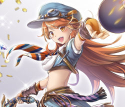 Rule 34 | 10s, 1girl, bad id, bad pixiv id, belt, breasts, bridal gauntlets, brown eyes, brown hair, cleavage, crop top, eyes visible through hair, granblue fantasy, gun, long hair, looking at viewer, mary (granblue fantasy), midriff, narumizg, open mouth, outstretched arm, puffy short sleeves, puffy sleeves, short sleeves, skirt, skirt set, smile, solo, spiked hair, weapon
