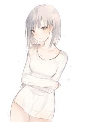 Rule 34 | 1girl, bad id, bad tumblr id, blunt bangs, blush, breasts, collarbone, cowboy shot, crossed arms, female focus, grey eyes, long sleeves, looking at viewer, lpip, no pants, original, parted lips, short hair, silver hair, simple background, sleeves past wrists, small breasts, solo, standing, sweater, thigh gap, thighs, white background