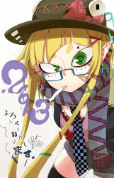 Rule 34 | 10s, 1girl, 2013, alternate costume, bandaid, bandaid on face, bespectacled, black thighhighs, blonde hair, blue-framed eyewear, bow, casual, chain, checkered clothes, checkered necktie, checkered neckwear, cigarette, contemporary, earrings, eyelashes, female focus, glasses, green eyes, hat, hat bow, heart, heart necklace, jewelry, long hair, moriya suwako, necklace, necktie, pointy ears, purple scarf, red bow, safety pin, sakurai energy, scarf, semi-rimless eyewear, shorts, sidelocks, solo, stitches, thighhighs, touhou, under-rim eyewear