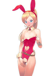 Rule 34 | 1girl, :d, animal ears, anlucea, bar censor, bare arms, bare legs, bare shoulders, belt, blonde hair, blue eyes, blush, censored, clothing cutout, collarbone, cowboy shot, crotchless, double bun, dragon quest, dragon quest x, fake animal ears, flat chest, full-face blush, hair bun, hairband, heart cutout, highres, leotard, long hair, looking at viewer, mole, mole under mouth, navel, navel cutout, nipples, open mouth, pink hairband, pink leotard, ponytail, pussy, smile, solo, standing, strapless, strapless leotard, supurai, sweat, tareme, thigh gap, wrist cuffs