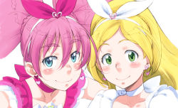 Rule 34 | 10s, 2girls, bad id, bad pixiv id, blonde hair, blue eyes, bow, choker, cure melody, cure rhythm, earrings, eyelashes, face-to-face, green eyes, hair ribbon, heart, houjou hibiki, jewelry, light smile, magical girl, minamino kanade, multiple girls, pink bow, pink hair, portrait, precure, ribbon, ribbon choker, sakura kotetsu, simple background, suite precure, white background, white choker