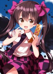 Rule 34 | 1girl, :d, black skirt, black wings, blush, bow, brown eyes, brown hair, cellphone, cowboy shot, frilled shirt collar, frills, hair between eyes, hat, highres, himekaidou hatate, holding, holding phone, long hair, looking at viewer, miniskirt, necktie, open mouth, phone, puffy short sleeves, puffy sleeves, ribbon, ruu (tksymkw), shirt, short sleeves, skirt, smile, solo, tokin hat, touhou, twintails, very long hair, white shirt, wings