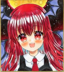 Rule 34 | 1girl, :d, bat wings, blush, dress shirt, happy, head wings, koakuma, light particles, long hair, looking at viewer, marker (medium), necktie, open mouth, red eyes, red hair, red necktie, shikishi, shirt, smile, solo, touhou, traditional media, upper body, wings, zenra1112