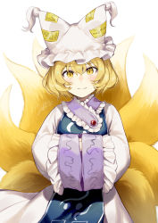 Rule 34 | 1girl, animal ears, animal hat, blonde hair, blush, closed mouth, dress, fox ears, fox tail, hair between eyes, hands in opposite sleeves, hat, highres, jill 07km, looking at viewer, mob cap, multiple tails, short hair, signature, simple background, sleeves past fingers, sleeves past wrists, smile, solo, tabard, tail, touhou, white background, white dress, white hat, yakumo ran, yellow eyes