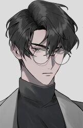 Rule 34 | 1boy, black hair, black shirt, closed mouth, coat, glasses, grey background, grey coat, looking at viewer, male focus, omniscient reader&#039;s viewpoint, portrait, serious, shirt, short hair, simple background, solo, turtleneck, yjh lawyer, yoo joonghyuk