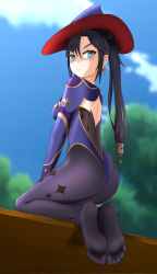 Rule 34 | 1girl, absurdres, ass, black hair, blue eyes, feet, genshin impact, hat, highres, leotard, long hair, looking at viewer, mona (genshin impact), pantyhose, soles, toes, witch hat