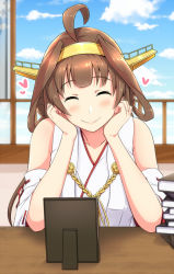 Rule 34 | 1girl, ahoge, blush, book, book stack, brown hair, head rest, cloud, collarbone, commentary request, day, desk, detached sleeves, double bun, elbows on table, closed eyes, heart, heart-shaped pupils, kantai collection, kongou (kancolle), long hair, nontraditional miko, open window, picture frame, ribbon-trimmed sleeves, ribbon trim, shigure ryuunosuke, smile, solo, symbol-shaped pupils, tassel, window
