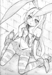 Rule 34 | 1girl, alphy, anchor hair ornament, black panties, breasts, brick wall, crop top, elbow gloves, finger to mouth, gloves, graphite (medium), greyscale, hair between eyes, hair ornament, hairband, hatching (texture), highleg, highleg panties, horizontal-striped legwear, kantai collection, long hair, looking at viewer, looking up, microskirt, midriff, monochrome, navel, off shoulder, open mouth, panties, rudder footwear, sailor collar, school uniform, serafuku, shimakaze (kancolle), sitting, sketch, skirt, small breasts, solo, striped clothes, striped thighhighs, thighhighs, thong, torn clothes, traditional media, underwear, wariza, wide hips