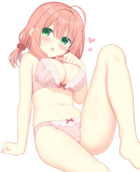 1girl ahoge arm_support barefoot blush bow bow_bra bow_panties bra breasts chestnut_mouth colored_eyelashes commentary_request crotch_seam eyes_visible_through_hair feet_out_of_frame green_eyes hair_between_eyes hand_up heart highres iroha_(utsumire) knee_up large_breasts looking_at_viewer low_twintails medium_hair navel original panties pink_bra pink_hair pink_panties red_bow short_twintails shy simple_background sitting solo sweatdrop thighs twintails underwear underwear_only utsunomiya_tsumire white_background