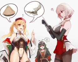 Rule 34 | 3girls, ?, @ @, antenna hair, assassin&#039;s creed: brotherhood, assassin&#039;s creed (series), azur lane, bare shoulders, beret, black pantyhose, blonde hair, bracer, breast zipper, breasts, coat, commentary request, concealed weapon, cosplay request, cowboy shot, crotch zipper, drill hair, duca degli abruzzi (azur lane), elbow gloves, gloves, goggles, goggles on head, green hair, grey background, hair between eyes, hat, hidden blade (assassin&#039;s creed), highleg, highleg swimsuit, highres, index finger raised, large breasts, leonardo da vinci (azur lane), long hair, looking at viewer, marshall k, multiple girls, musical note, name connection, navel, o-ring, o-ring bottom, off shoulder, open mouth, pantyhose, partial commentary, prosthesis, prosthetic arm, prosthetic hand, red eyes, red headwear, red skirt, shaded face, short hair, sidelocks, simple background, single elbow glove, skindentation, skirt, sleeveless, small breasts, smile, standing, standing on one leg, stomach, swimsuit, teeth, thigh strap, thighhighs, torricelli (azur lane), twintails, upper teeth only, very long hair, weapon, white background, white coat, white hair, zipper