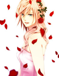 Rule 34 | 10s, 1girl, :d, bare shoulders, blue eyes, booster517, final fantasy, final fantasy xiii, final fantasy xiii-2, flower, hair flower, hair ornament, lightning farron, lips, long hair, open mouth, petals, pink hair, rose, rose petals, simple background, smile, solo, white background