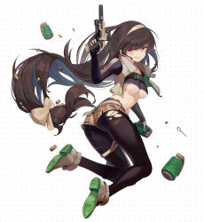 Rule 34 | 1girl, ass, black pantyhose, boots, bow, breasts, brown gloves, brown hair, crop top, cropped jacket, explosive, full body, girls&#039; frontline, gloves, grenade, grenade pin, grin, gun, hair bow, hairband, half gloves, handgun, headset, jumping, legs up, long hair, looking back, low-tied long hair, medium breasts, mole, mole under eye, navel, nin lion, pantyhose, parted lips, purple eyes, shell casing, short shorts, shorts, simple background, smile, solo, thigh strap, thighband pantyhose, torn clothes, torn pantyhose, trigger discipline, twisted torso, underboob, very long hair, weapon