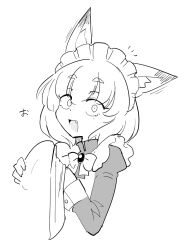 Rule 34 | 1girl, animal ear fluff, animal ears, apron, bow, brooch, cropped torso, fang, fox ears, fox girl, frilled apron, frills, greyscale, holding, jewelry, juliet sleeves, long sleeves, looking at viewer, maid, maid apron, maid headdress, medium hair, monochrome, notice lines, open mouth, original, puffy long sleeves, puffy sleeves, sakifox, simple background, sketch, smile, solo, thick eyebrows, upper body