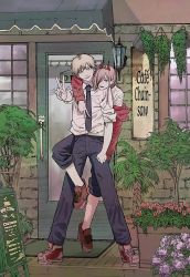 Rule 34 | 1boy, 1girl, belt, black pants, blonde hair, bush, cafe, carrying, chainsaw man, cleaned, collared shirt, denji (chainsaw man), english text, fang, fangs, flower, fujimoto tatsuki, grin, hair between eyes, head on another&#039;s shoulder, highres, horns, hug, jacket, lilac, long hair, long sleeves, necktie, off shoulder, official art, one eye covered, pants, piggyback, pink hair, power (chainsaw man), red eyes, red jacket, rose, sharp teeth, shirt, shoes, short hair, sign, sleeves past elbows, sleeves rolled up, smile, sneakers, standing, storefront, teeth, v, white shirt, window, yellow eyes