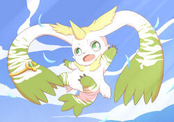 Rule 34 | blonde hair, blue sky, cloud, commentary request, day, digimon, digimon (creature), ear ornament, falling feathers, fang, feathers, full body, gem, green eyes, green gemstone, halftone, hands up, highres, horns, jewelry, looking at viewer, no humans, open mouth, outdoors, single horn, skin fang, sky, smile, solo, terriermon, terriermon x-antibody, toruu (kzpm2483)