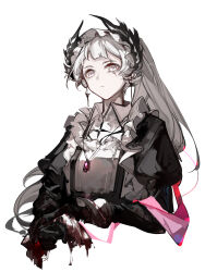 Rule 34 | 1girl, absurdres, apron, arknights, black dress, black gloves, blood, dongsheng, dress, earrings, gloves, grey eyes, grey hair, head wings, high ponytail, highres, irene (arknights), irene (voyage of feathers) (arknights), jewelry, juliet sleeves, long hair, long sleeves, maid headdress, necklace, pink ribbon, puffy sleeves, ribbon, scar, scar across eye, simple background, solo, upper body, very long hair, white apron, white background, wings, wiping blood