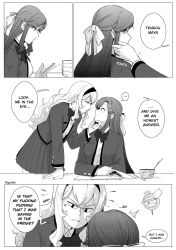 Rule 34 | ..., 2girls, anger vein, angry, blazer, caught, comic, commentary, english text, food, grabbing another&#039;s chin, greyscale, hair ornament, hair pulled back, hair ribbon, hairband, hand on another&#039;s chin, highres, jacket, long hair, long skirt, looking at another, monochrome, multiple girls, pleated skirt, profanity, pudding, ribbon, saijou claudine, school uniform, shoujo kageki revue starlight, skirt, sweatdrop, tendou maya, ticcy, x hair ornament
