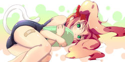 Rule 34 | 1girl, ass, bandaid, bow, cat tail, female focus, green eyes, hair bow, hair ribbon, kapipopo, kickboard, lying, on side, one-piece swimsuit, original, pink hair, red hair, ribbon, school swimsuit, solo, swimsuit, tail, twintails, watanabe akio