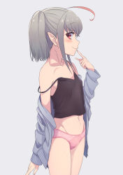 Rule 34 | 1girl, ahoge, bare shoulders, black camisole, blush, bow, bow panties, breasts, camisole, cardigan, collarbone, commentary request, covered erect nipples, cowboy shot, crotch seam, finger to mouth, grey background, grey hair, highres, looking at viewer, makaino ririmu, medium hair, multicolored hair, nail polish, navel, nijisanji, no pants, off shoulder, open cardigan, open clothes, panties, pink nails, pink panties, pointy ears, profile, red eyes, red hair, sabamen, sidelocks, simple background, small breasts, smile, solo, strap slip, streaked hair, twintails, underwear, virtual youtuber