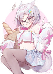 1girl, absurdres, animal ears, ass, bag, baguette, bangs, bare shoulders, black-framed eyewear, blue skirt, blush, bread, breasts, brown legwear, collarbone, commentary request, dress, eyebrows visible through hair, fang, feet out of frame, food, glasses, grocery bag, hair ornament, hairclip, halo, highres, hood, hood down, hoodie, long sleeves, looking at viewer, mayogii, medium breasts, midriff, navel, object hug, off shoulder, open clothes, open skirt, original, panties, panties under pantyhose, pantyhose, paper bag, parted lips, pink background, pink eyes, pleated skirt, shopping bag, signature, silver hair, skirt, sleeves past fingers, sleeves past wrists, solo, star (symbol), star hair ornament, tail, two-tone background, underwear, wavy mouth, white background, white hoodie, white panties