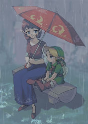 Rule 34 | 1boy, 1girl, age difference, anju, belt, blonde hair, blue eyes, blue skirt, blurry, blurry background, boots, brown footwear, brown hair, brown shirt, buttons, child, closed mouth, collarbone, collared shirt, full body, green headwear, hat, highres, holding, holding umbrella, link, long skirt, long sleeves, nintendo, outdoors, parted bangs, pointy ears, puddle, rain, shield, shirt, short hair, short sleeves, sidelocks, sitting, size difference, skirt, smile, sword, the legend of zelda, the legend of zelda: majora&#039;s mask, tunic, umbrella, water, weapon, weapon on back, yamoooon21, young link